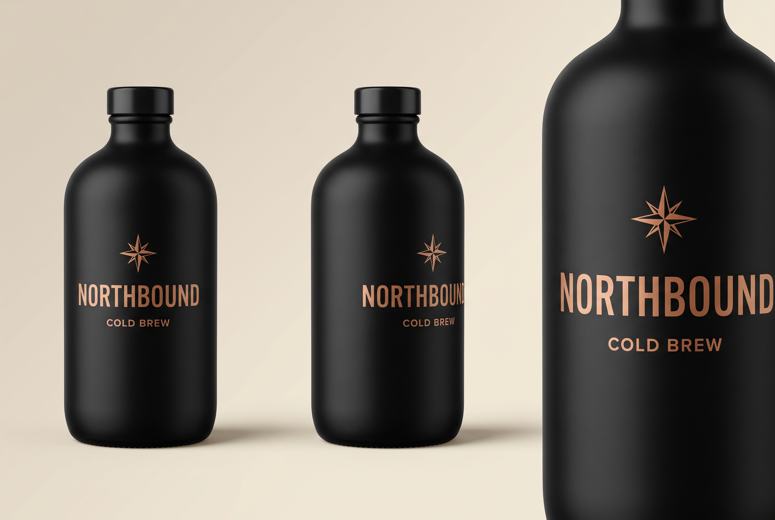 Product master — three consistent views of the same bottle with its compass-rose mark