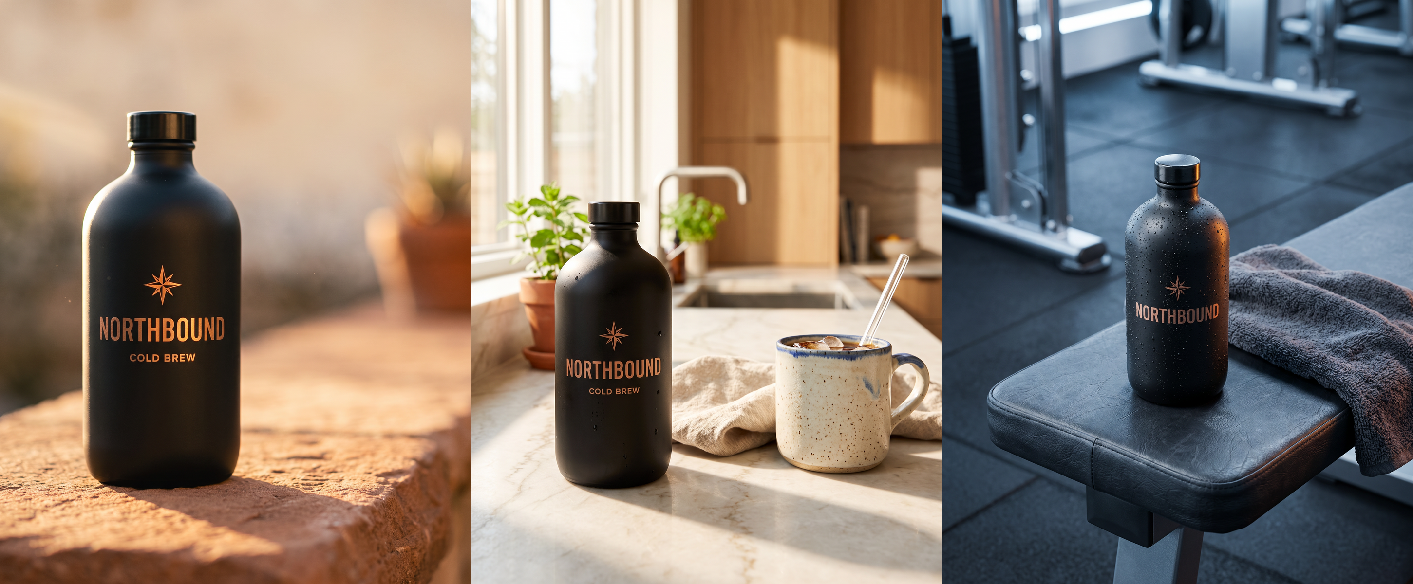 One master bottle rendered into a hero, a kitchen scene, and a gym scene — identical product, three worlds